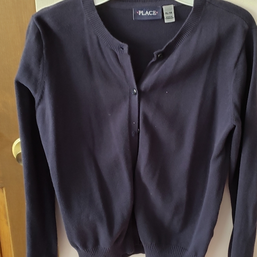 Children's Place Navy Uniform Button Up Sweater Sz Girl's 14